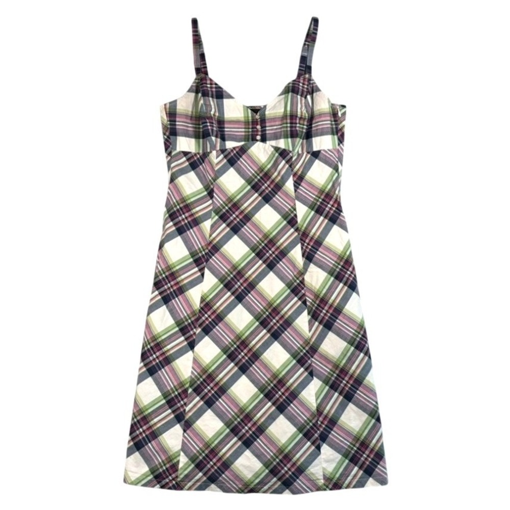 New York & Co Y2K Style Plaid A-Line Midi Dress 12 Green Pink Cotton Stretch